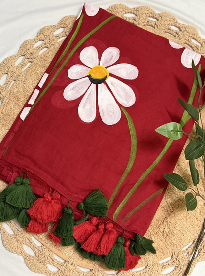 Red Hand-Painted Mul Cotton Saree with Bold Floral Motif & Tassel Pallu