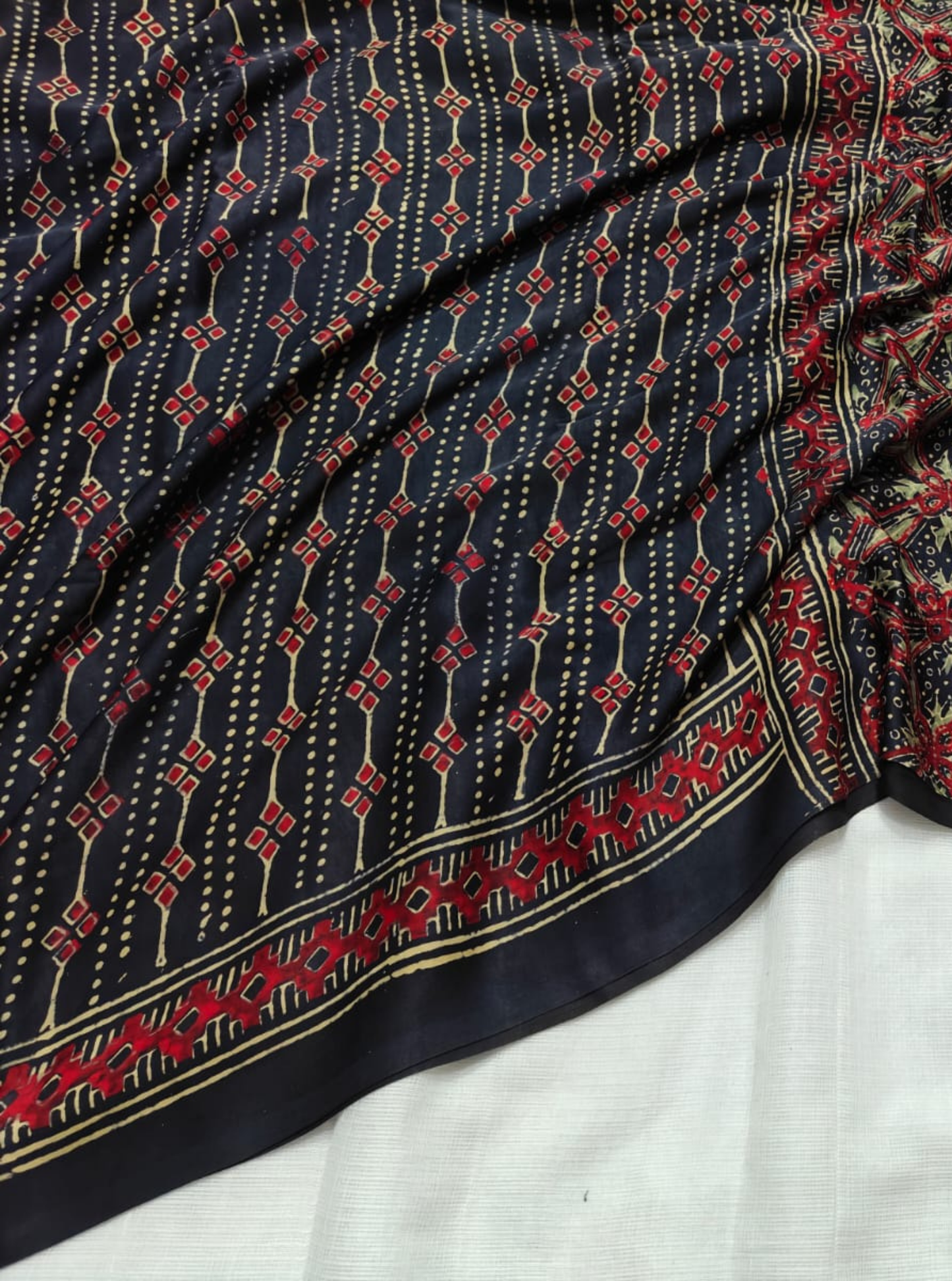 Midnight Navy Pure Modal Silk Saree with Ajrakh Geometric Stripe Motifs