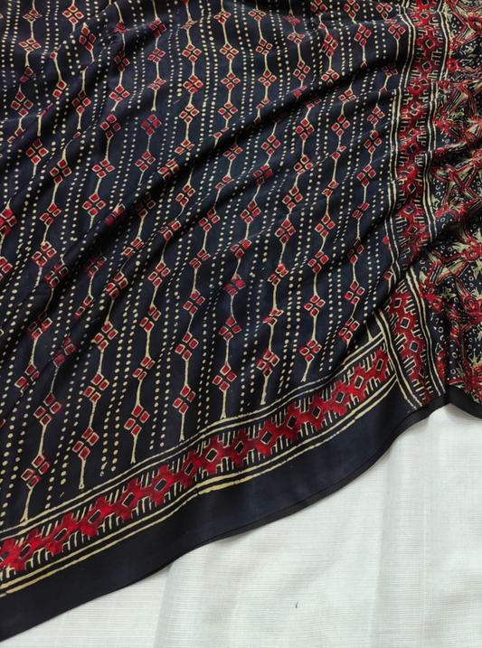Midnight Navy Pure Modal Silk Saree with Ajrakh Geometric Stripe Motifs
