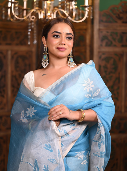 Sky Blue Kota Applique Cutwork Saree with Floral Detailing