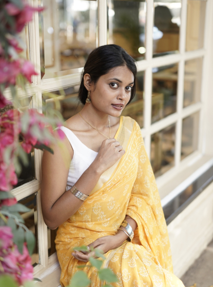 Sunshine Yellow Hand-Printed Linen Cotton Saree with Classic Borders
