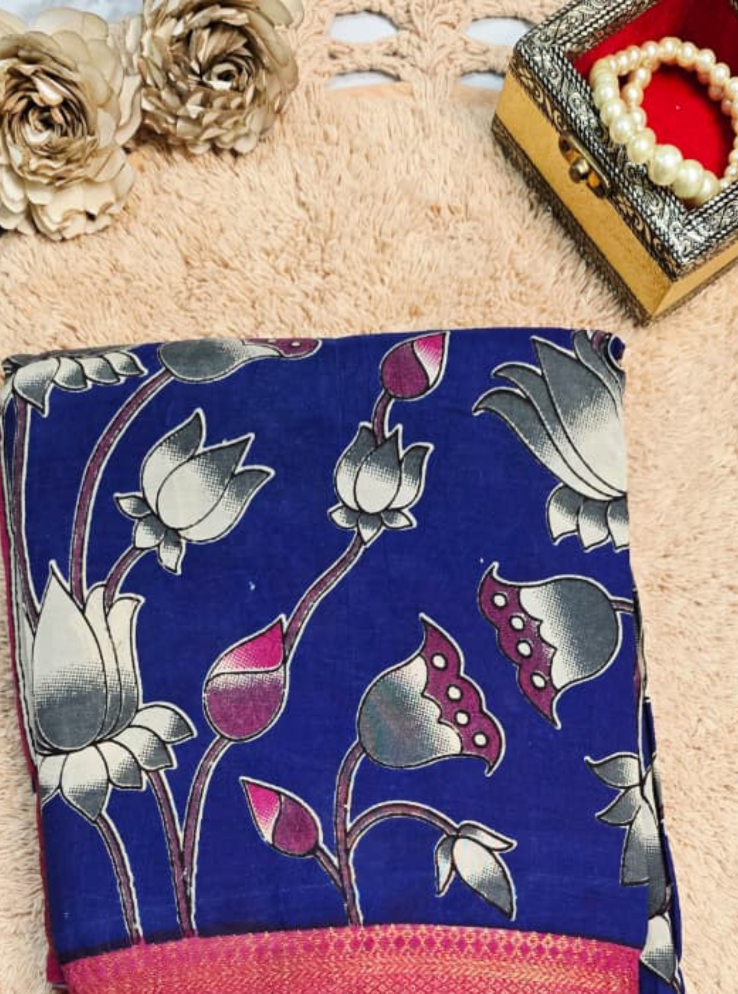 Royal Blue Kalamkari Mangalagiri Silk Saree with Lotus Motifs & Contrast Zari Border