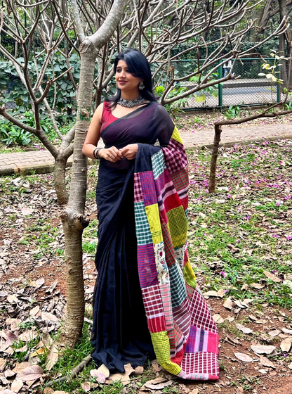 Midnight Patchwork Multi Color Mul Cotton Saree