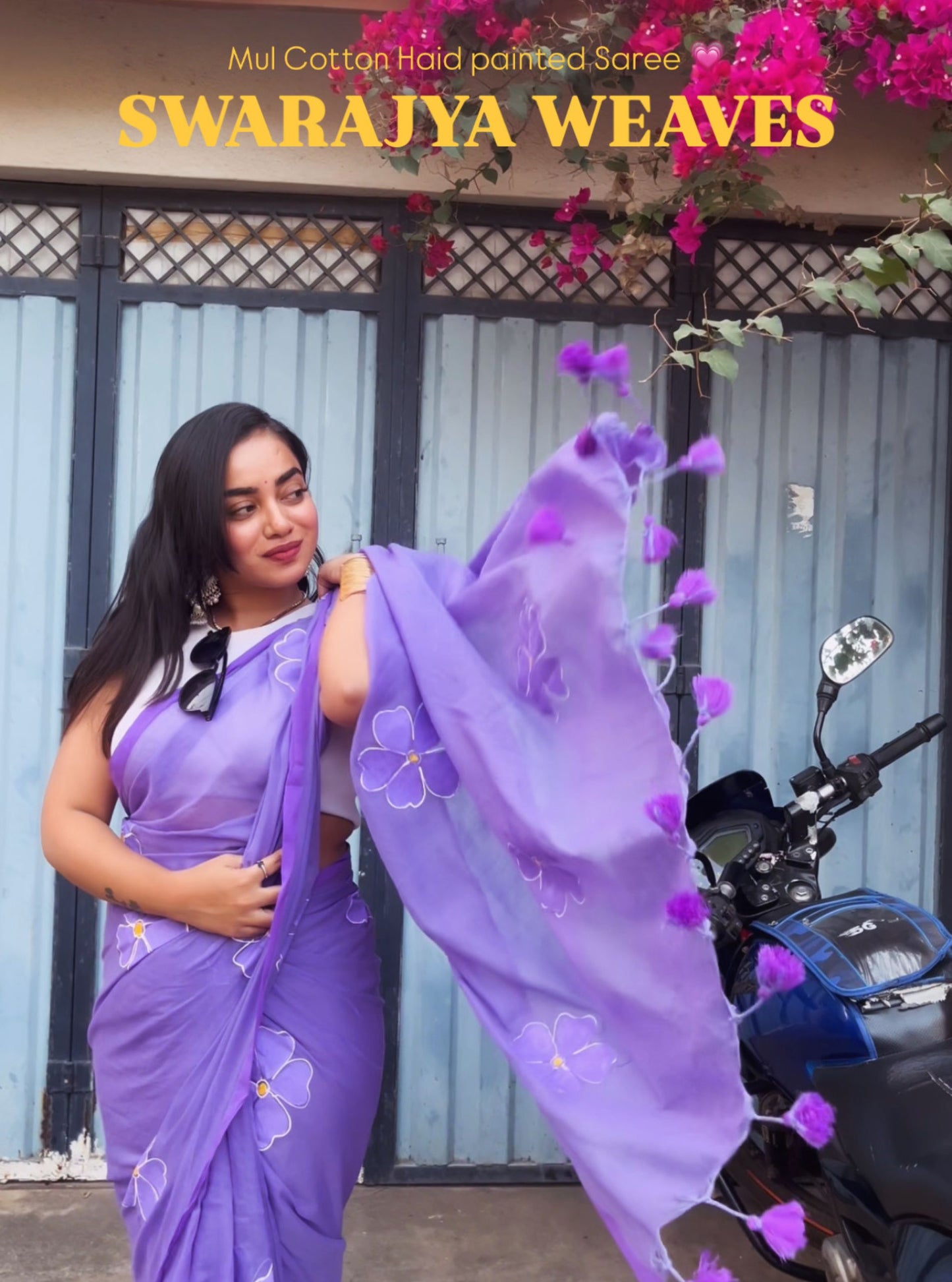 Lavender Mul Cotton Saree with Minimal Floral Handwork