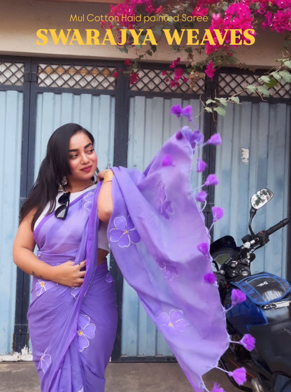 Lavender Mul Cotton Saree with Minimal Floral Handwork