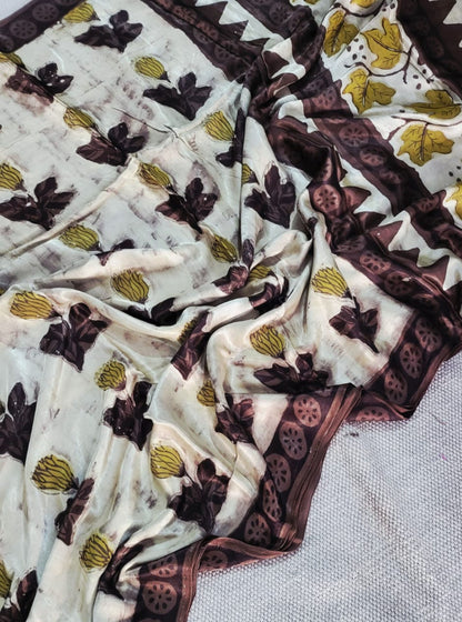 Ivory & Earth Brown Modal Silk Ajrakh Saree with Floral Motifs – Naturally Dyed Handcrafted Elegance