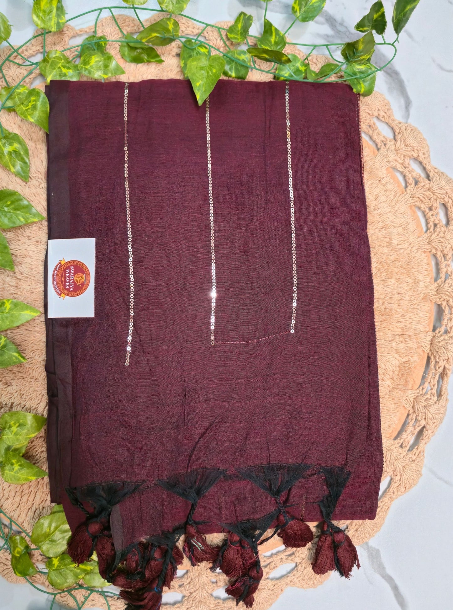 Classic Maroon Mul Cotton Saree with Subtle Sequin Stripes & Tassel Pallu