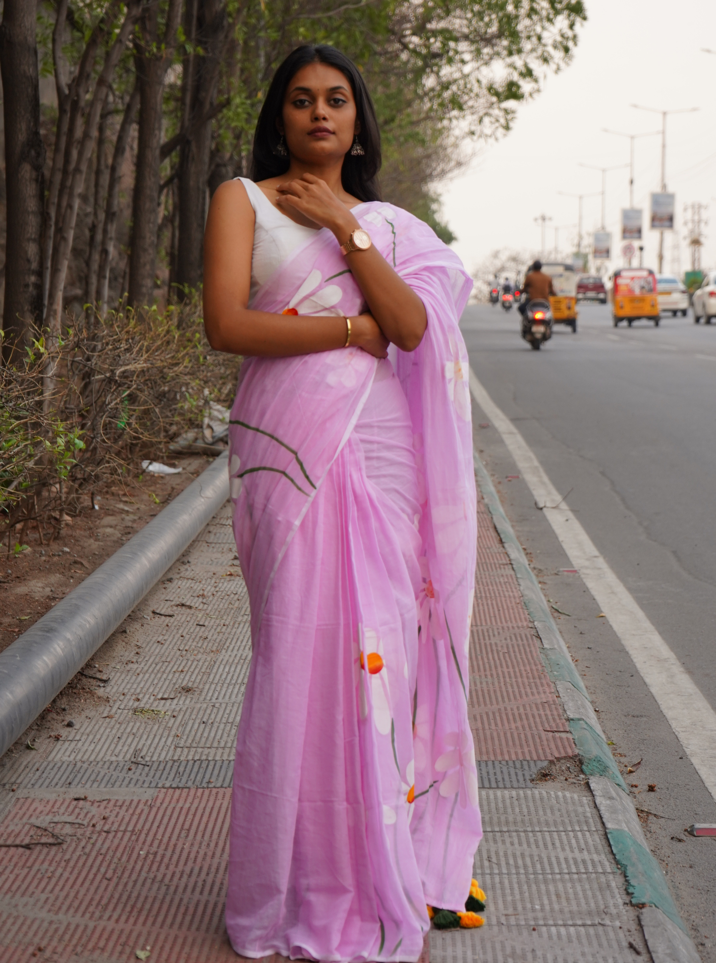 Pastel Pink Hand-Painted Mul Cotton Saree with Floral Art