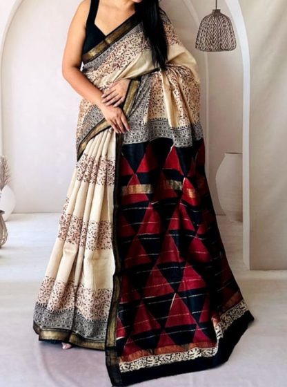 Ivory & Black Maheshwari Silk Saree with Geometric Pallu