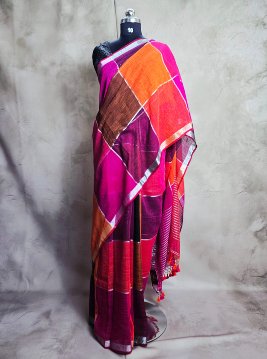 Vibrant Multicolor Linen Cotton Saree with Contemporary Checks