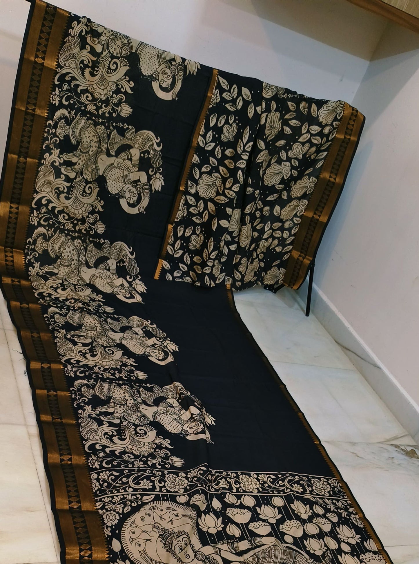 Handcrafted Pen Kalamkari Black Silk Saree with Mythological Motifs