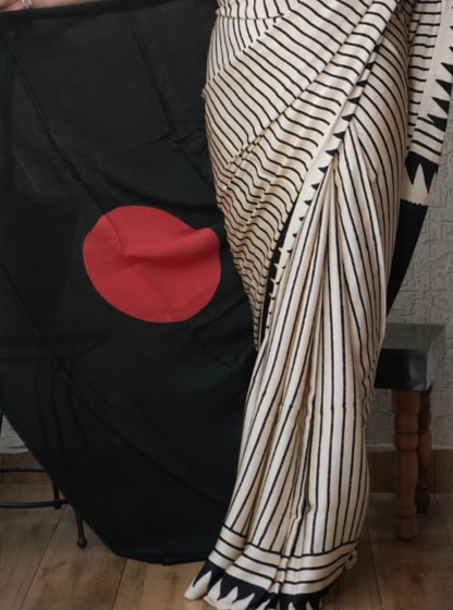 Ivory Stripes & Crimson Moon Modal Silk Hand-Blocked Ajrakh Saree