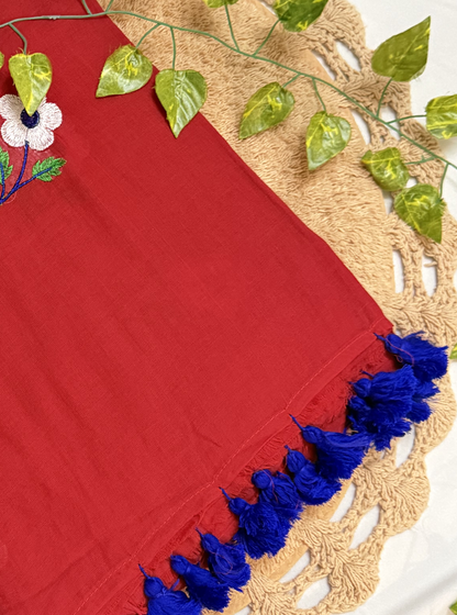 Crimson Red Mul Cotton Saree with Floral Embroidery & Blue Tassels