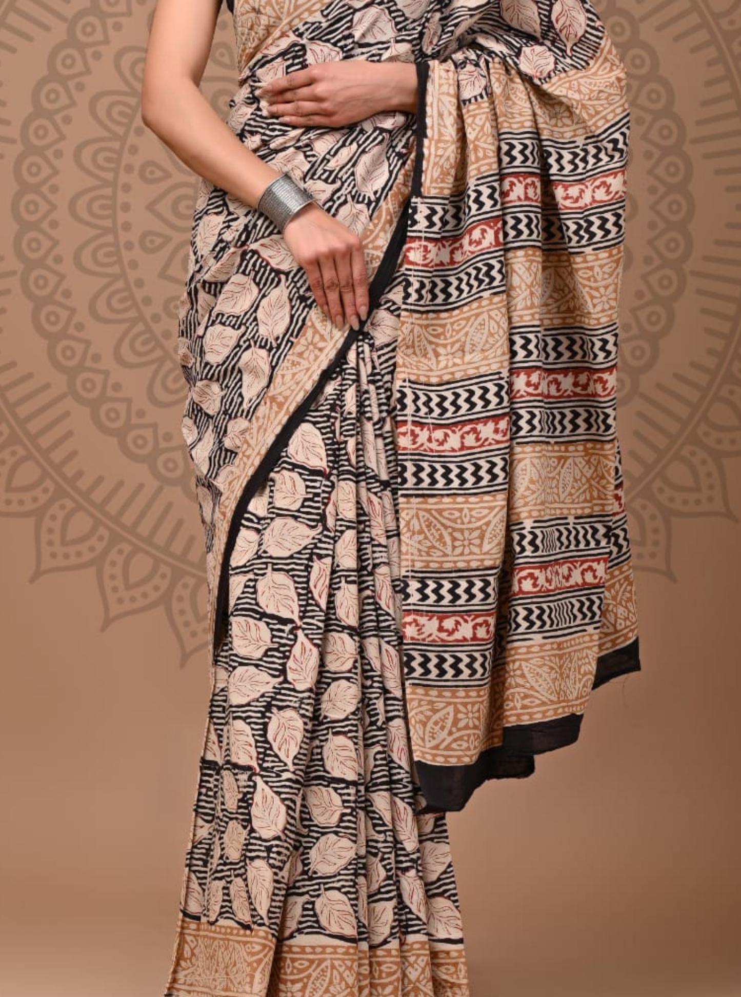 Beige & Black Cotton Saree with Leaf Motifs & Tribal Border