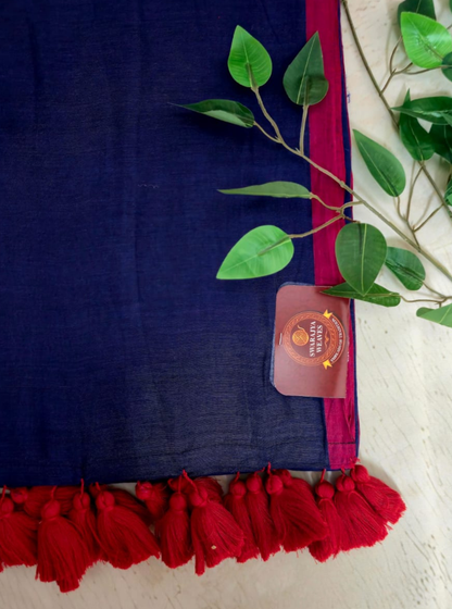 Royal Blue Mul Cotton Saree with Red Tassel Border