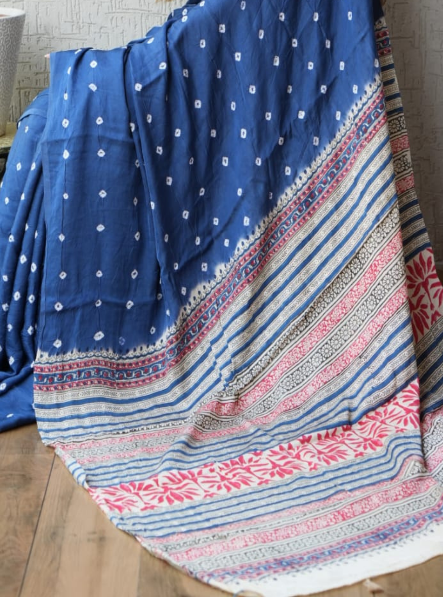 Graceful Indigo Modal Silk Saree with Minimal Dot Motifs & Printed Border