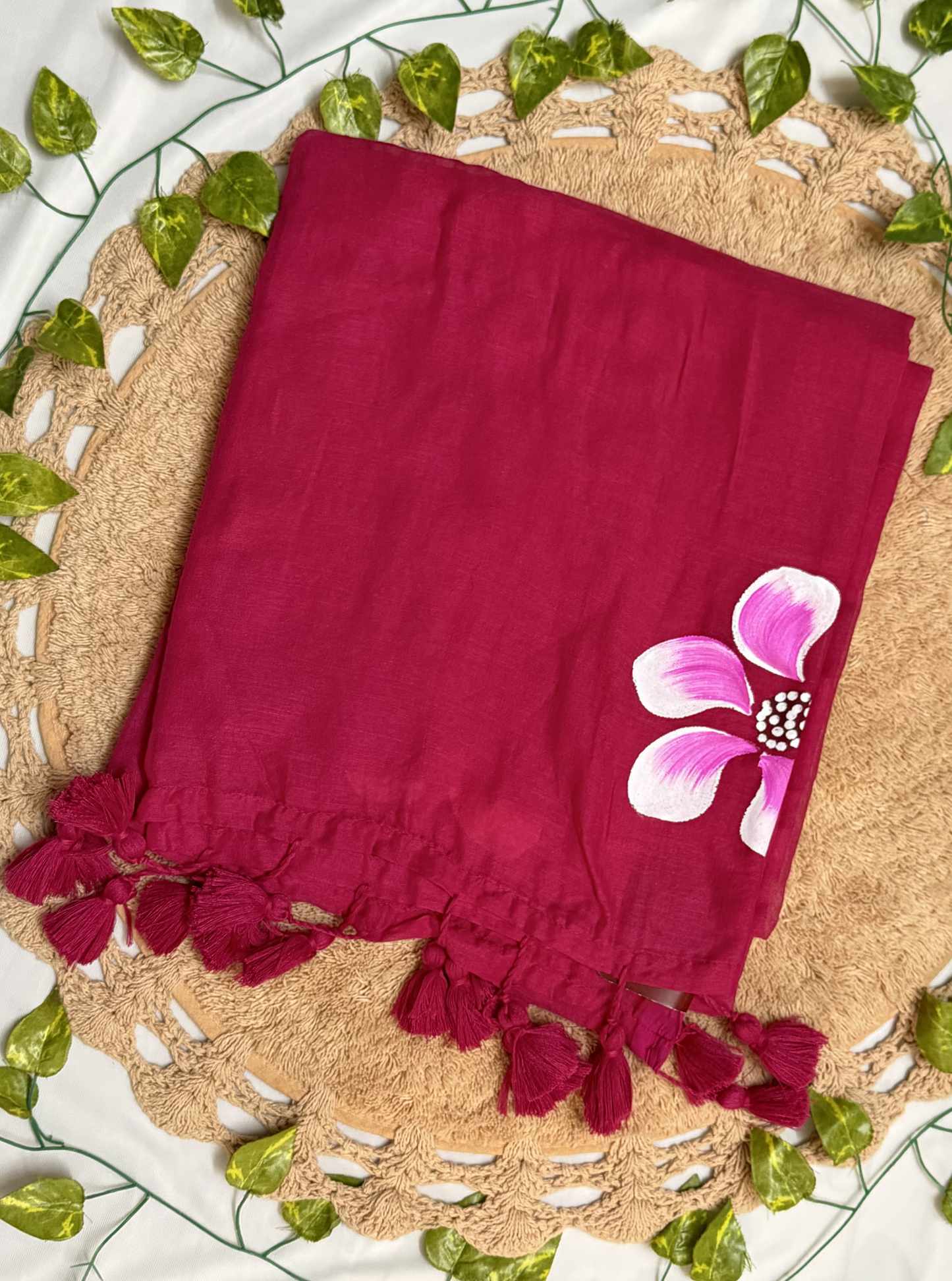 Rani Pink Mul Cotton Saree with Hand-Painted Floral Accent & Tassels