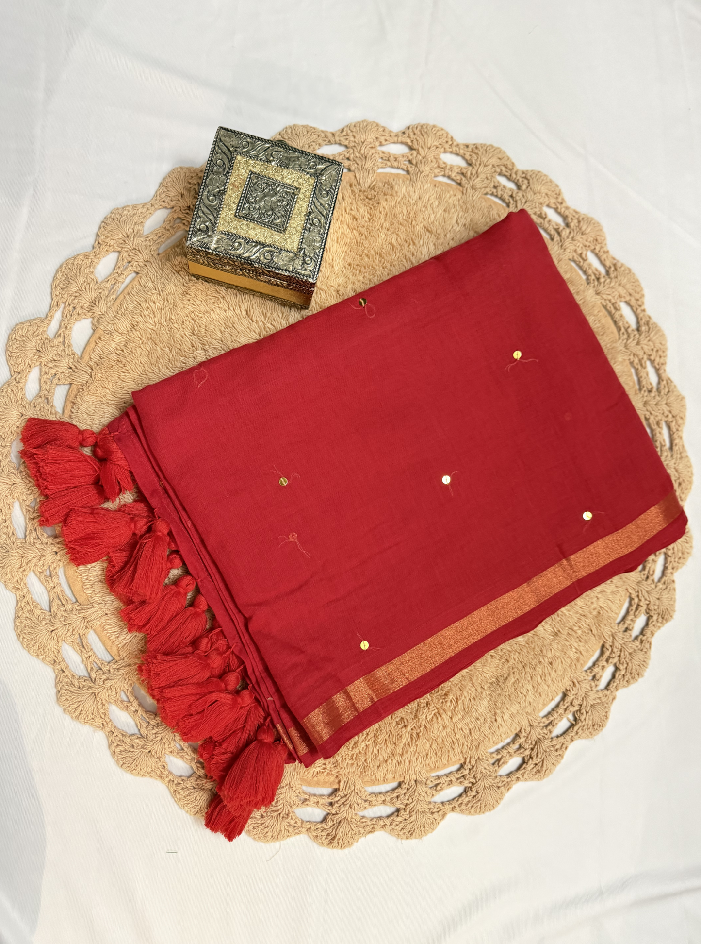 Classic Red Mul Cotton Saree with Gold Accents & Tassels