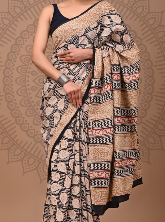 Beige & Black Cotton Saree with Leaf Motifs & Tribal Border