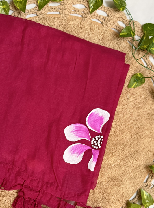 Rani Pink Mul Cotton Saree with Hand-Painted Floral Accent & Tassels