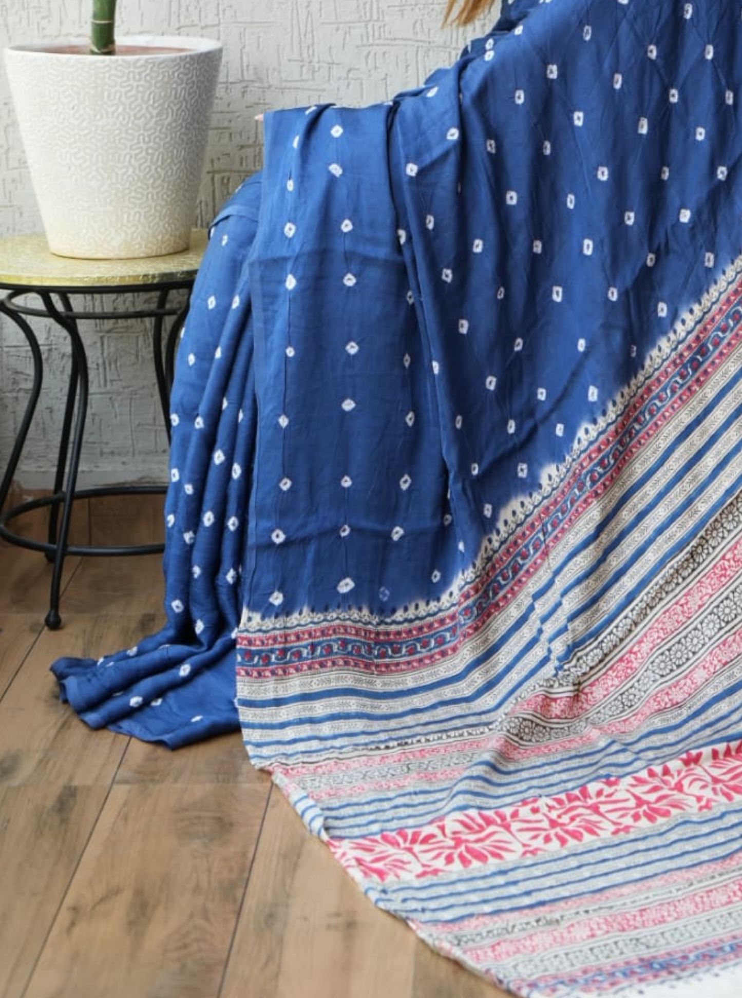 Graceful Indigo Modal Silk Saree with Minimal Dot Motifs & Printed Border