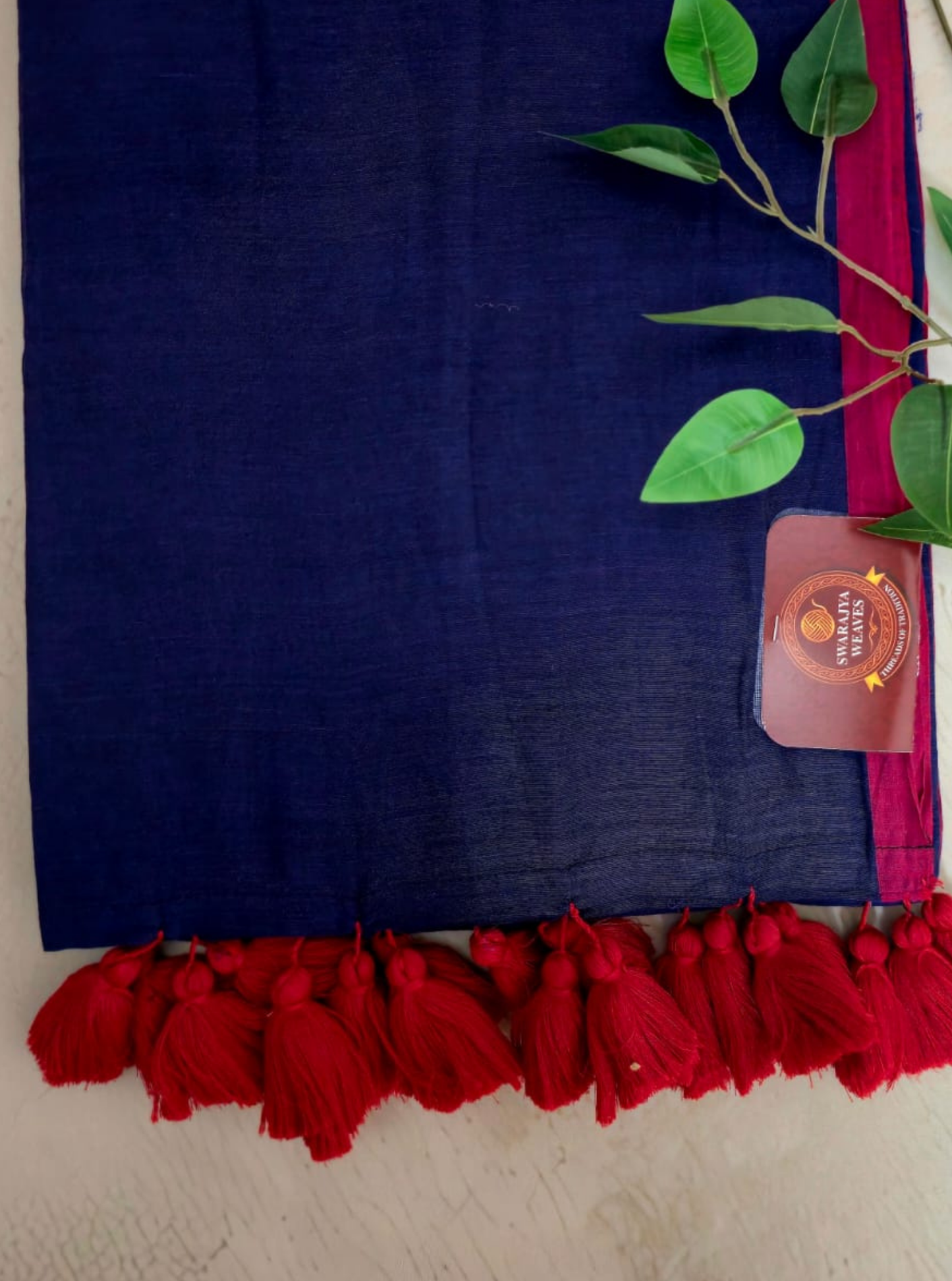 Royal Blue Mul Cotton Saree with Red Tassel Border