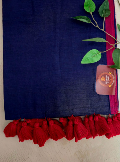 Royal Blue Mul Cotton Saree with Red Tassel Border