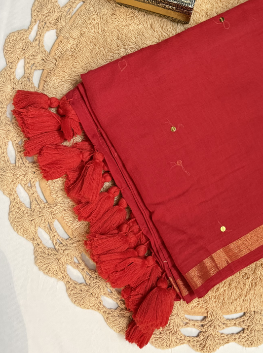 Classic Red Mul Cotton Saree with Gold Accents & Tassels