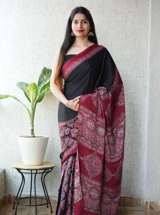 Black & Maroon Modal Silk Saree with Ajrakh-Inspired Prints