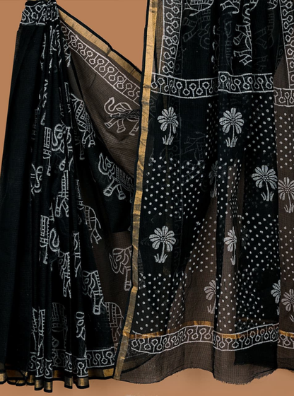 Elegant Black Kota Doria Saree with Tribal & Floral Handblock Prints