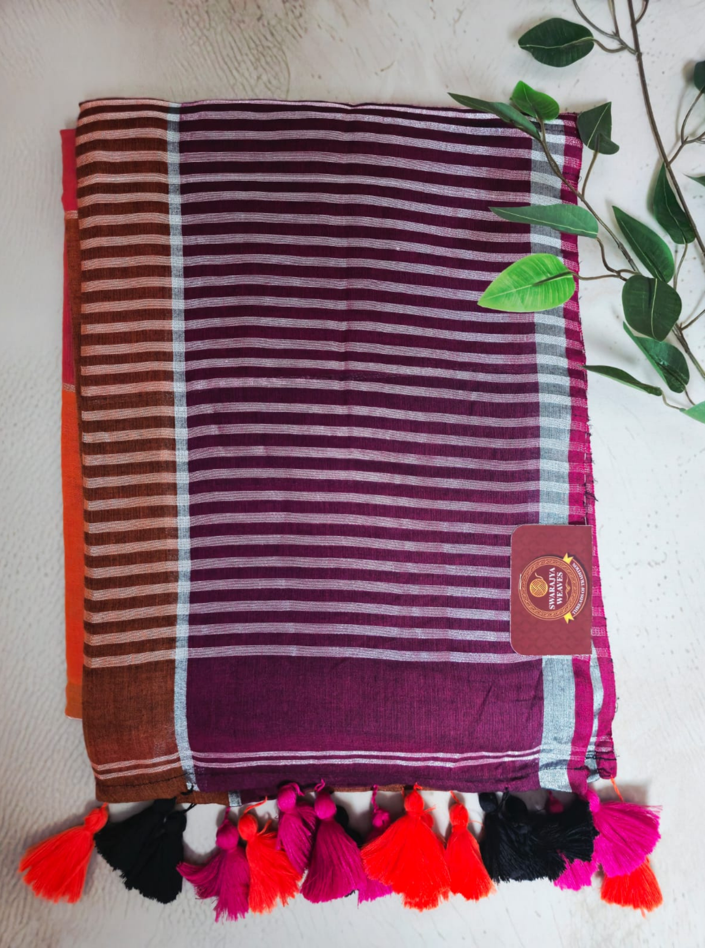 Wine Striped Mul Cotton Saree with Multicolor Tassel Border