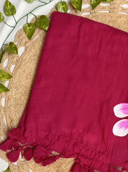 Rani Pink Mul Cotton Saree with Hand-Painted Floral Accent & Tassels