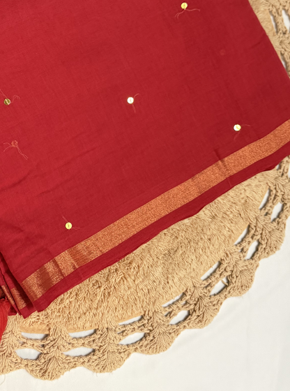 Classic Red Mul Cotton Saree with Gold Accents & Tassels