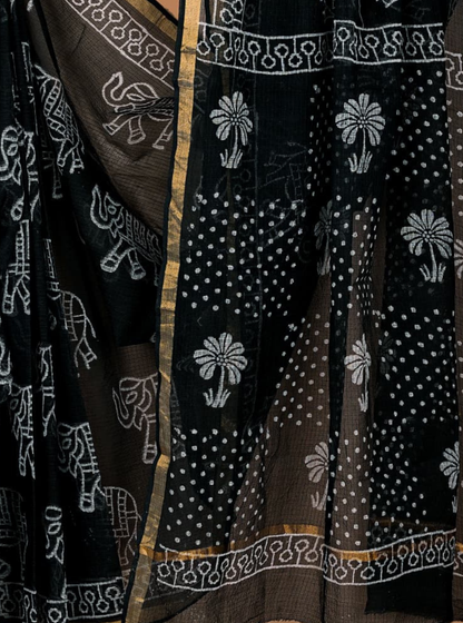Elegant Black Kota Doria Saree with Tribal & Floral Handblock Prints