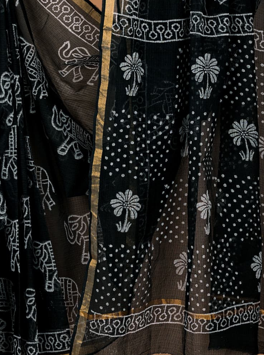 Elegant Black Kota Doria Saree with Tribal & Floral Handblock Prints
