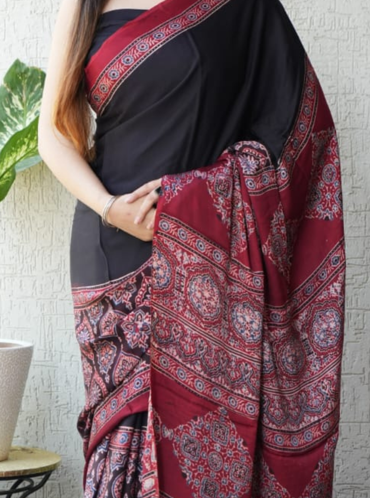 Black & Maroon Modal Silk Saree with Ajrakh-Inspired Prints