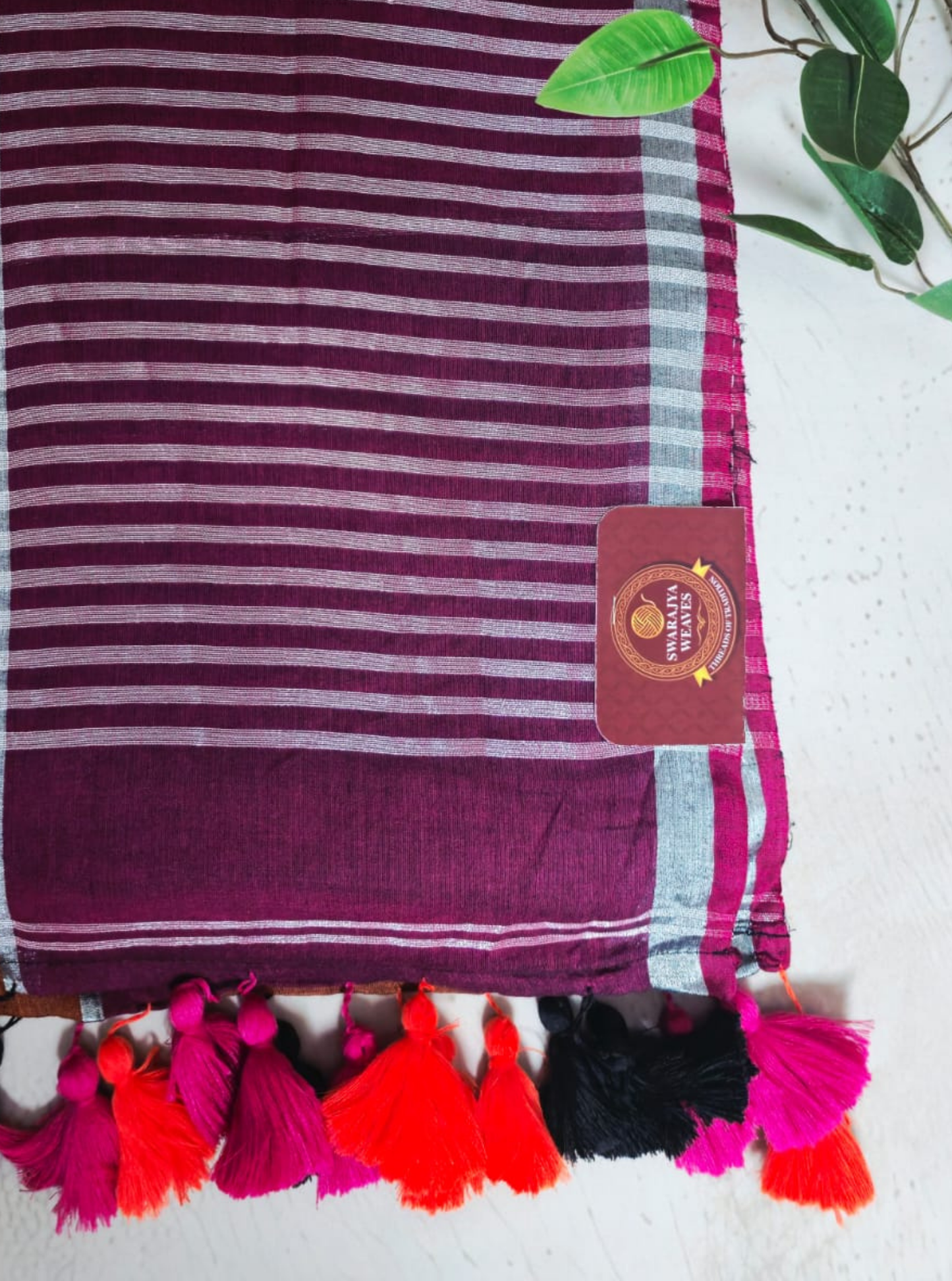 Wine Striped Mul Cotton Saree with Multicolor Tassel Border