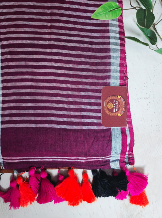 Wine Striped Mul Cotton Saree with Multicolor Tassel Border