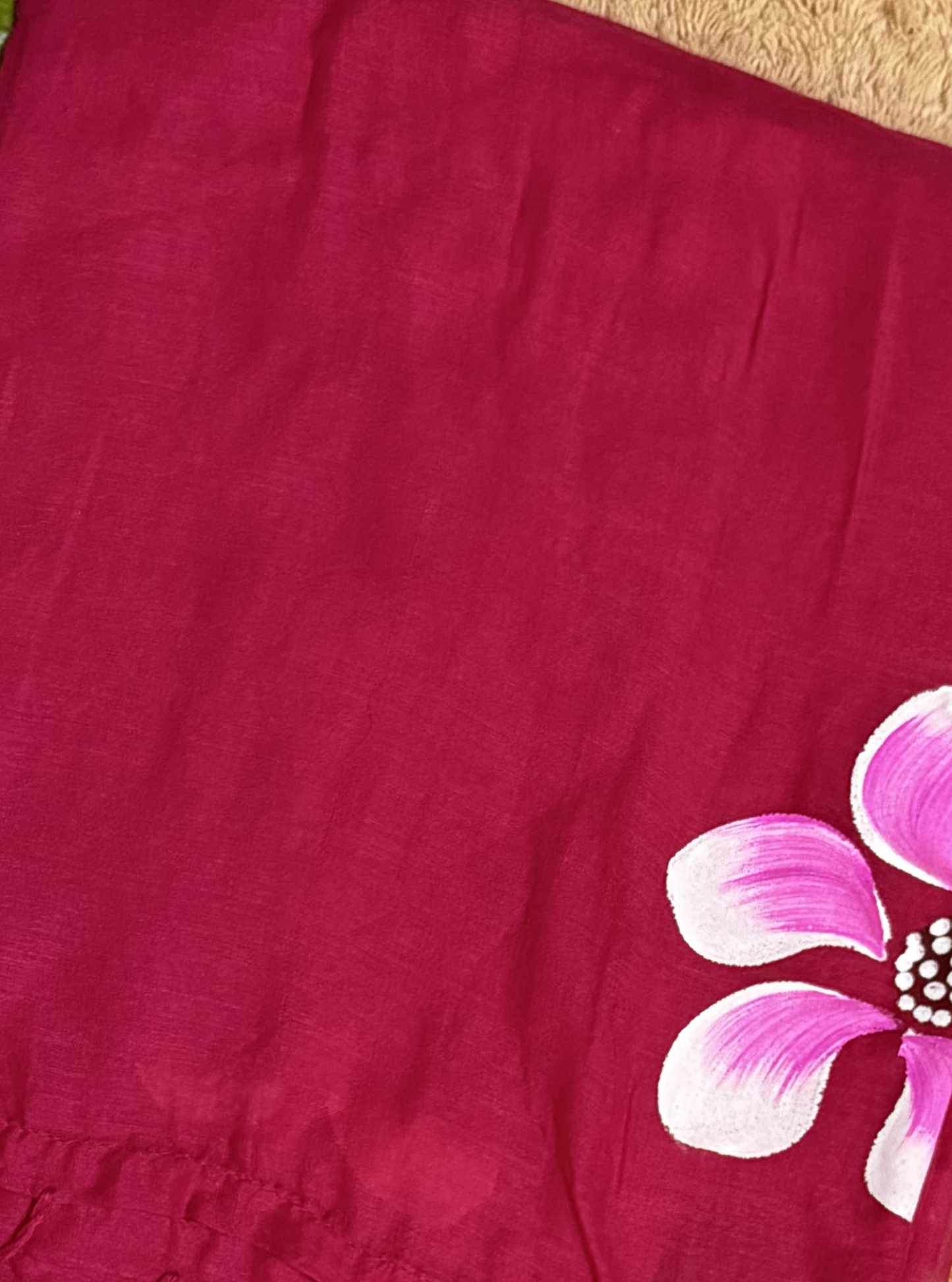 Rani Pink Mul Cotton Saree with Hand-Painted Floral Accent & Tassels