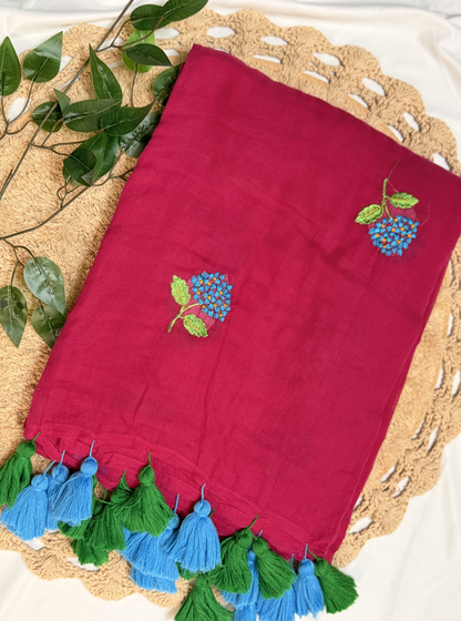 Pink Mul Cotton Saree with Floral Embroidery & Contrast Tassels