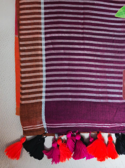 Wine Striped Mul Cotton Saree with Multicolor Tassel Border