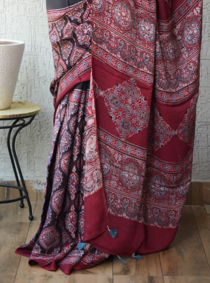Black & Maroon Modal Silk Saree with Ajrakh-Inspired Prints