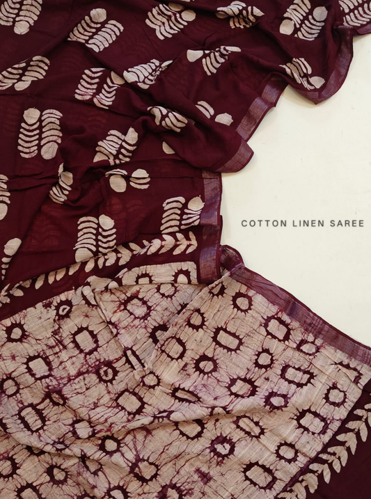 Maroon Cotton Linen Saree with Batik-Inspired Handcrafted Design