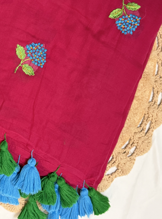 Pink Mul Cotton Saree with Floral Embroidery & Contrast Tassels
