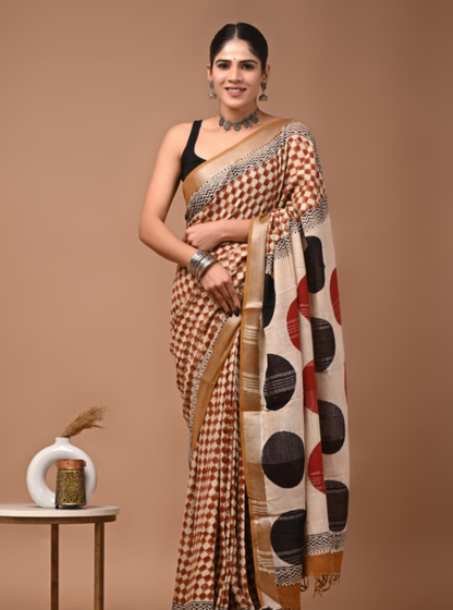 Beige Linen Cotton Saree with Geometric Print