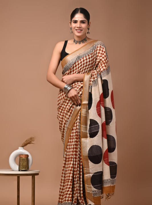 Beige Linen Cotton Saree with Geometric Print