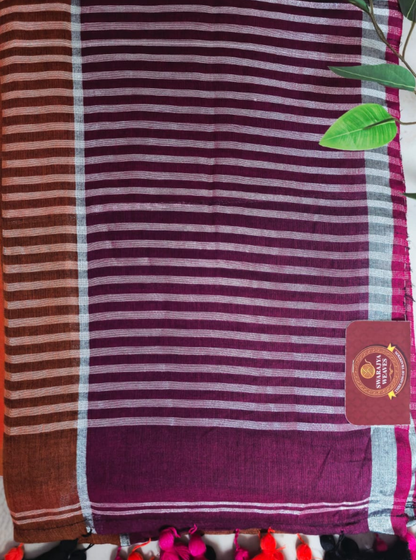 Wine Striped Mul Cotton Saree with Multicolor Tassel Border