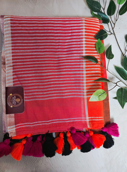 Sunset Coral Striped Mul Cotton Saree with Multicolor Tassels