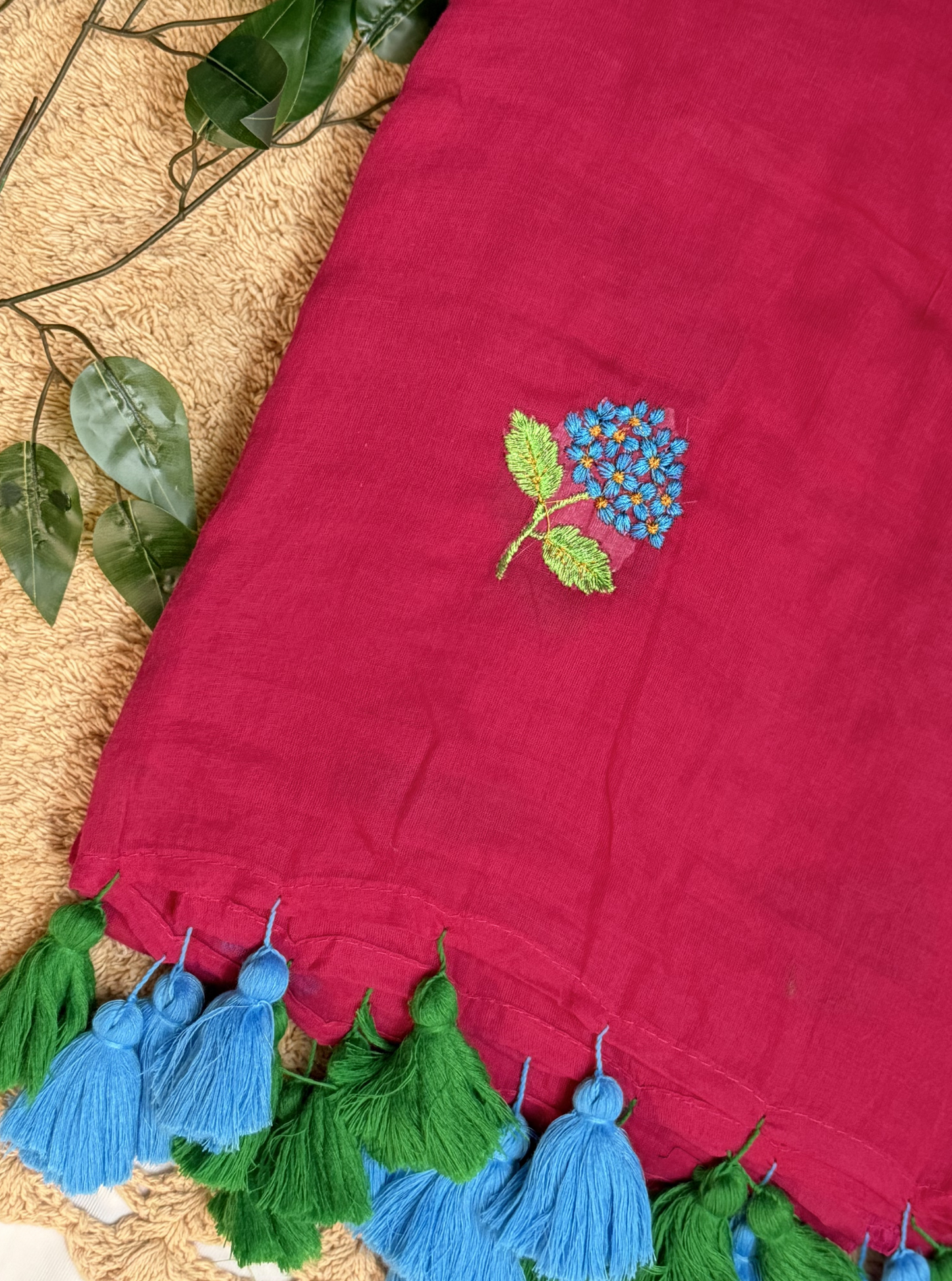 Pink Mul Cotton Saree with Floral Embroidery & Contrast Tassels