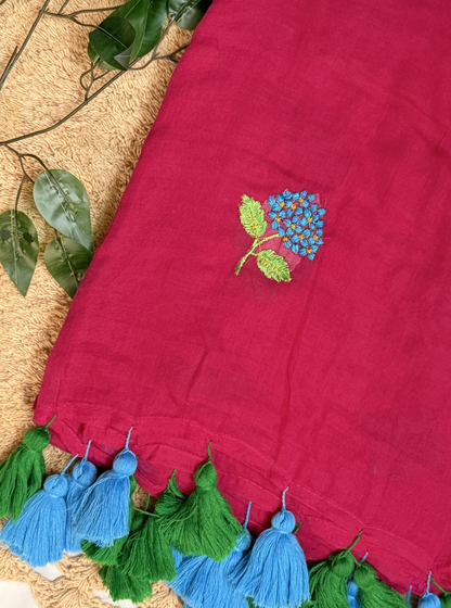 Pink Mul Cotton Saree with Floral Embroidery & Contrast Tassels
